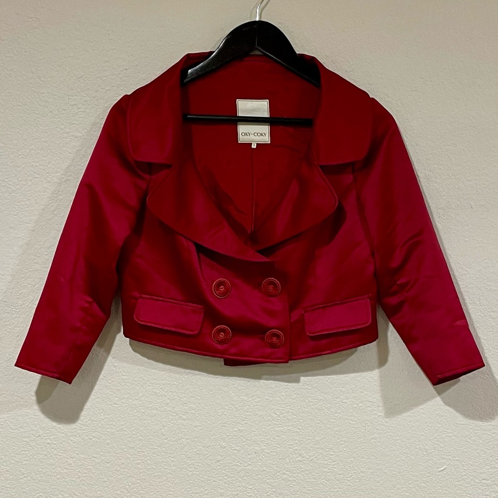 OKY‑COKY Vintage Red Satin Double‑Breasted Jacket – Women’s Size 10